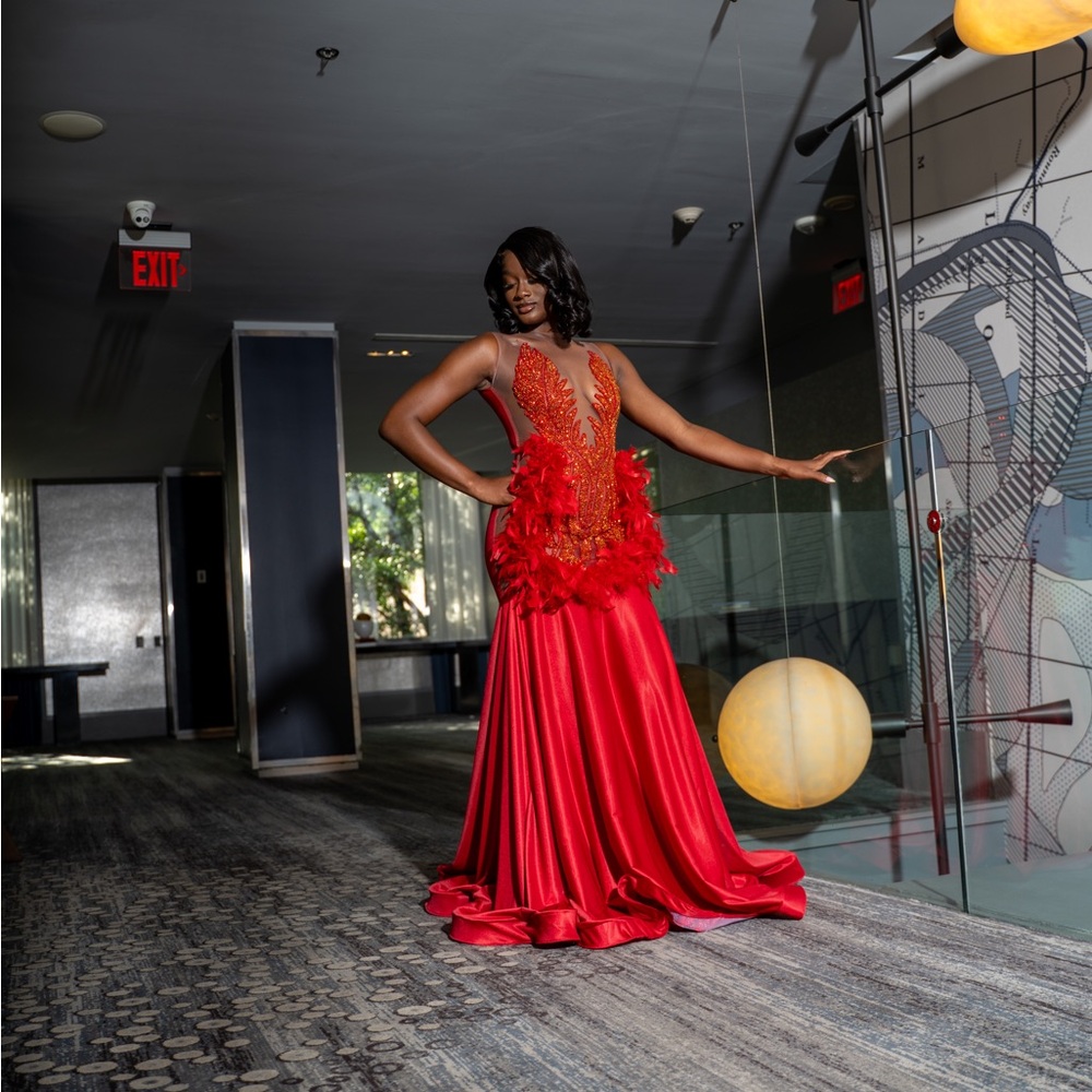 Stunning Scarlet Feathered Prom Dress